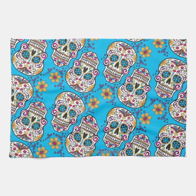 Sugar Skull Halloween Blue Tea Towel (Horizontal)