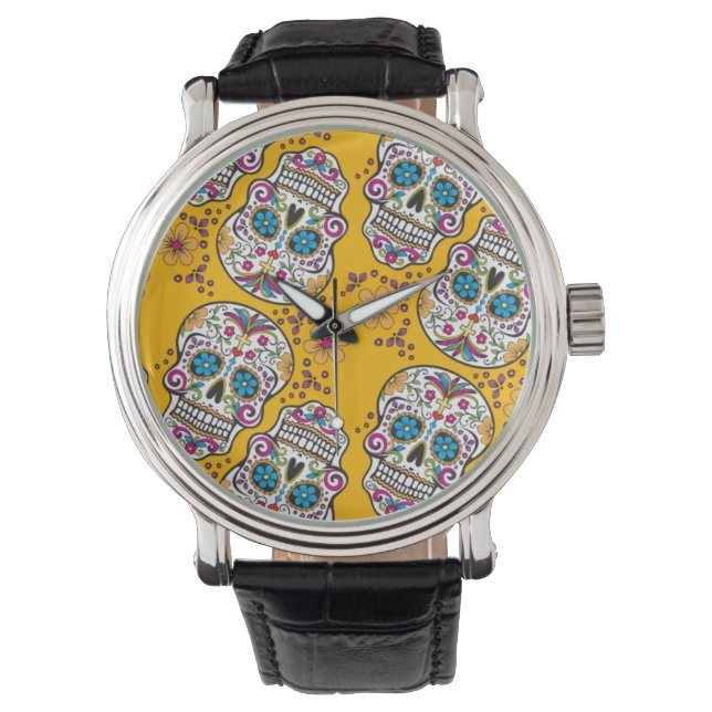 Sugar Skull Halloween Yellow Watch (Front)