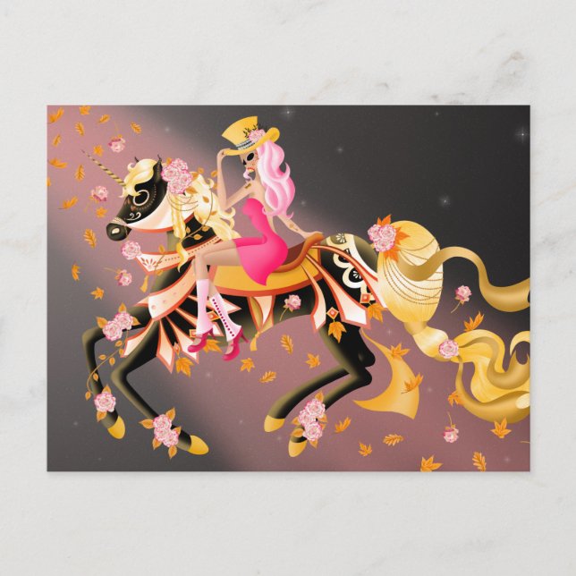 Sugar Skull Horse & Lady Black Pink  Postcard (Front)