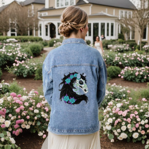 Sugar Skull Horse With Turquoise Roses Denim Jacket