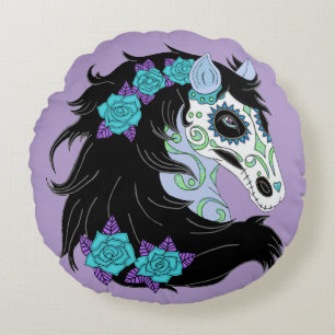 Sugar Skull Horse With Turquoise Roses Round Cushion