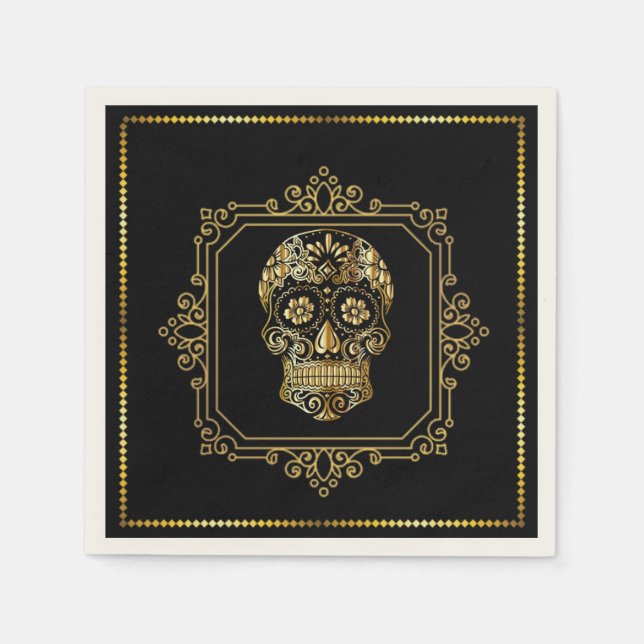 Sugar Skull in Black & Gold Cocktail Napkin (Front)