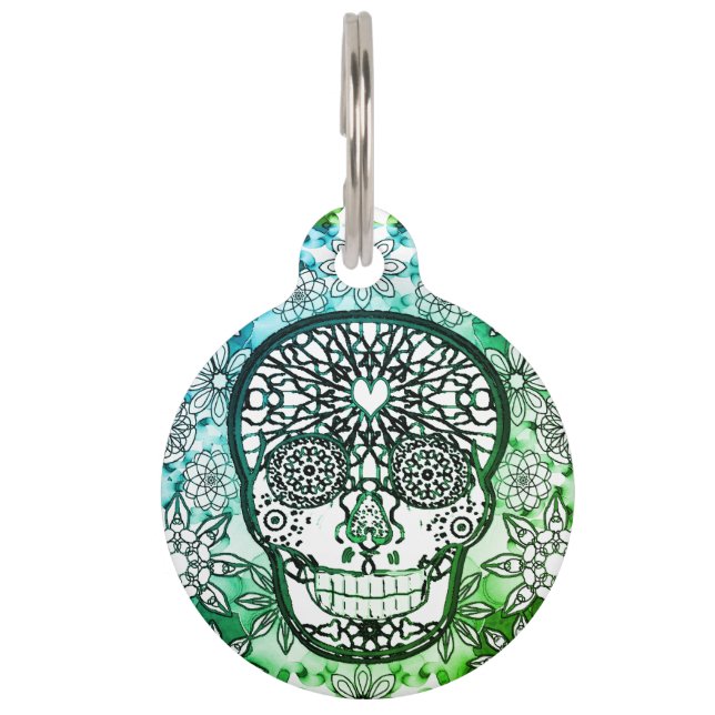 Sugar Skull in Green Pet Tag (Back)