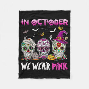 Sugar Skull In October We Wear Pink Breast Cancer Fleece Blanket