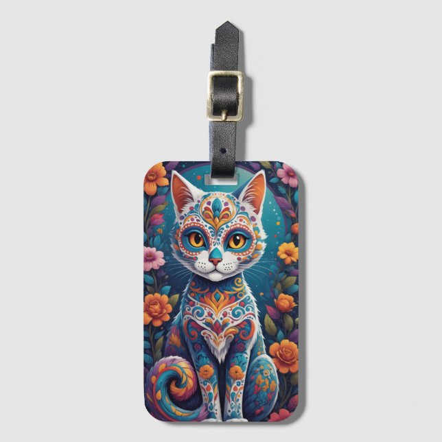 Sugar Skull Kitty Luggage Tag (Front Vertical)