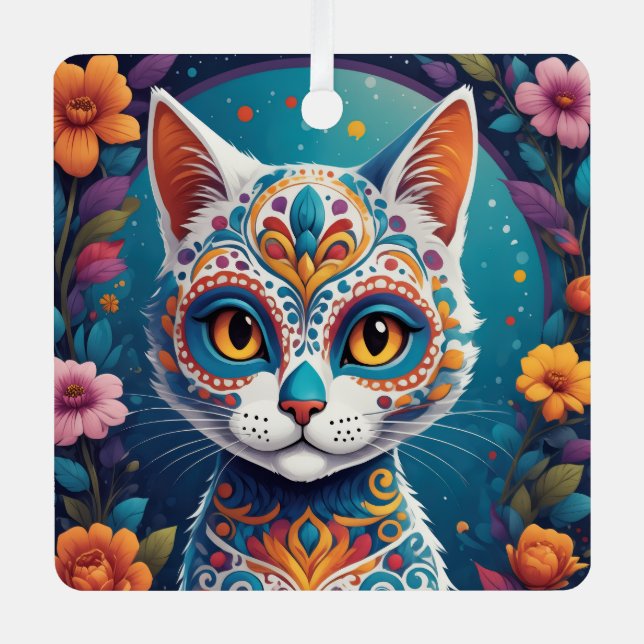 Sugar Skull Kitty Metal Tree Decoration (Front)