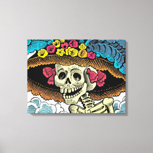 Sugar Skull Lady in Floral Sun Hat Pop Art Graphic Canvas Print
