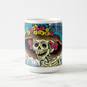 Sugar Skull Lady in Floral Sun Hat Pop Art Graphic Coffee Mug
