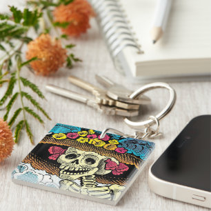 Sugar Skull Lady in Floral Sun Hat Pop Art Graphic Key Ring