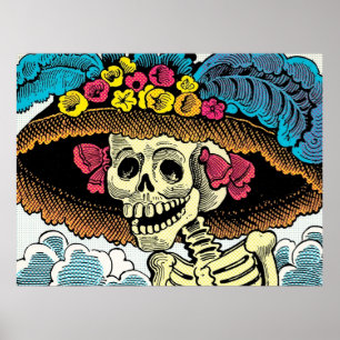 Sugar Skull Lady in Floral Sun Hat Pop Art Graphic Poster