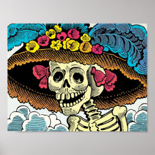 Sugar Skull Lady in Floral Sun Hat Pop Art Graphic Poster