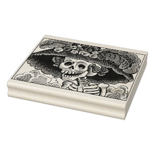 Sugar Skull Lady in Floral Sun Hat Pop Art Graphic Rubber Stamp