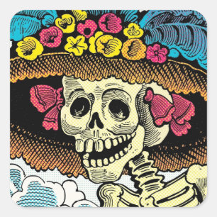 Sugar Skull Lady in Floral Sun Hat Pop Art Graphic Square Sticker