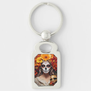 Sugar Skull Lady Metal Keychain