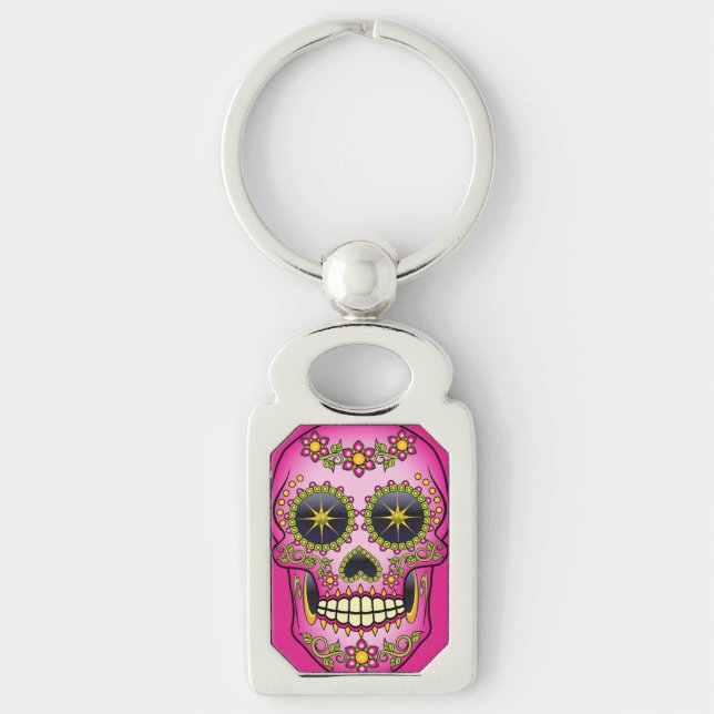 Sugar Skull Magenta Floral Key Ring (Front)
