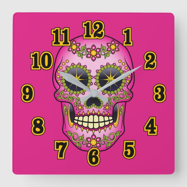 Sugar Skull Magenta Floral Square Wall Clock (Front)