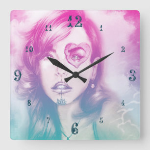 Sugar Skull Makeup Girl, Colourful Square Clock