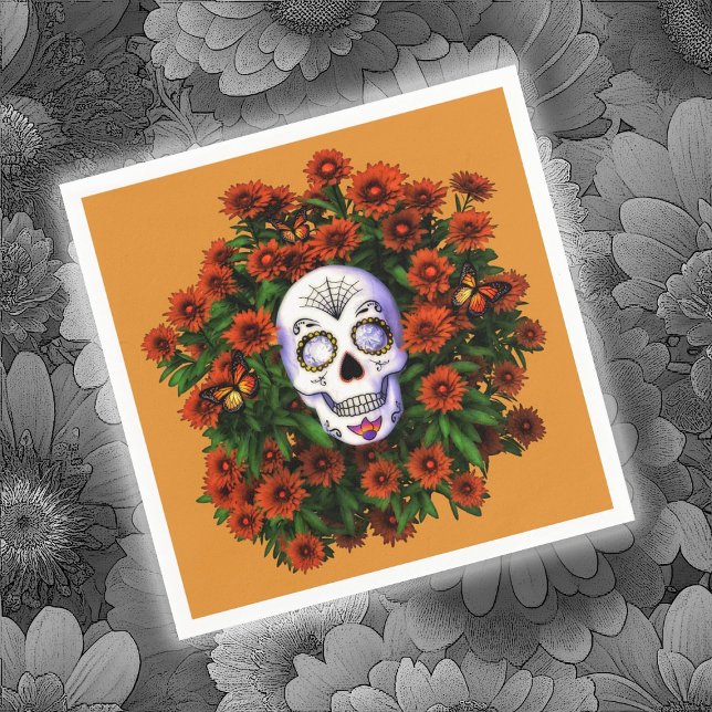 Sugar Skull Marigold Dia de Los Muertos Halloween  Napkin (Creator Uploaded)