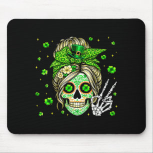 Sugar skull messy bun leopard shamrock st patricks mouse pad