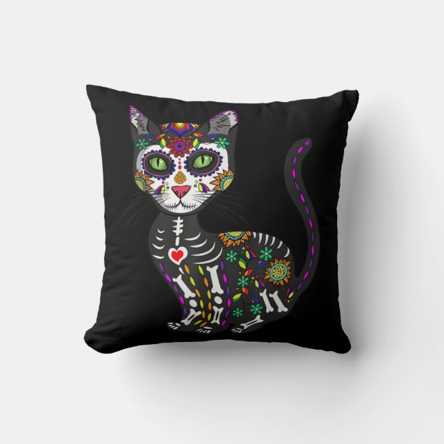 Sugar Skull Mexican Cat Halloween Day Of The Dead Cushion (Front)