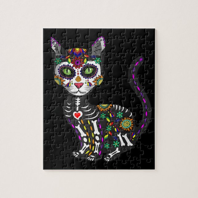 Sugar Skull Mexican Cat Halloween Day Of The Dead Jigsaw Puzzle (Vertical)