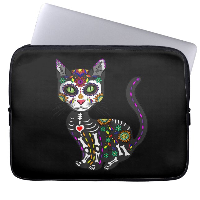 Sugar Skull Mexican Cat Halloween Day Of The Dead Laptop Sleeve (Front)