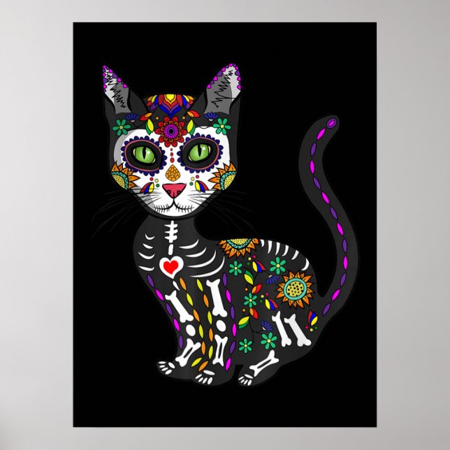 Sugar Skull Mexican Cat Halloween Day Of The Dead Poster (Front)