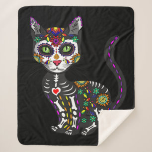 Sugar Skull Mexican Cat Halloween Day Of The Dead Sherpa Blanket