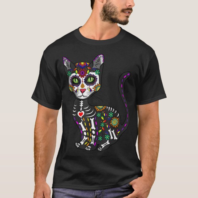 Sugar Skull Mexican Cat Halloween Day Of The Dead T-Shirt (Front)