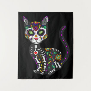 Sugar Skull Mexican Cat Halloween Day Of The Dead Tapestry
