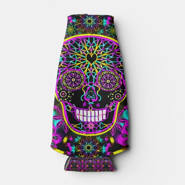 Sugar Skull Neon Pink Bottle Cooler (Front)