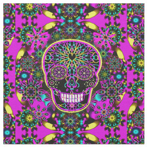 Sugar Skull Neon Pink Fabric