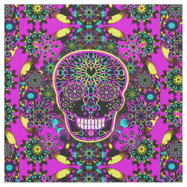 Sugar Skull Neon Pink Fabric (Close Up)