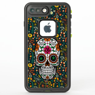 Sugar skull on Colourful Flowers Pattern