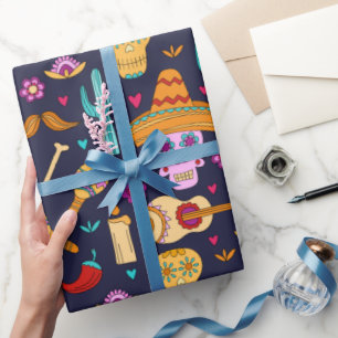 Sugar skull on deep blue pattern wrapping paper