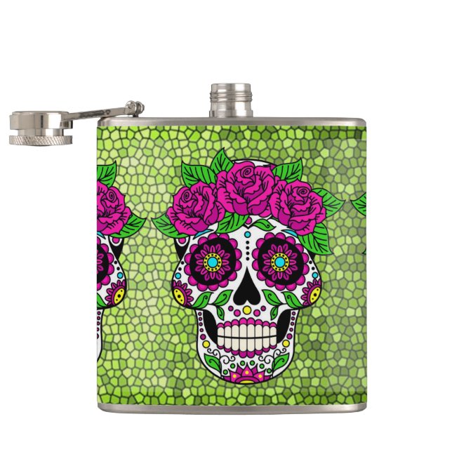 Sugar Skull on Glitter Background Day of the Dead  Hip Flask (Opened)