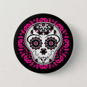 Sugar skull on hot pink damask 6 cm round badge