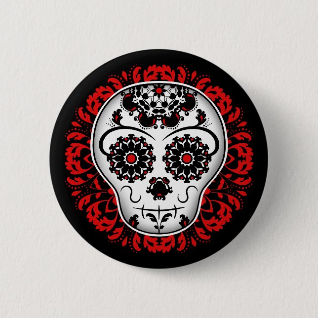 Sugar skull on red damask 6 cm round badge (Front)