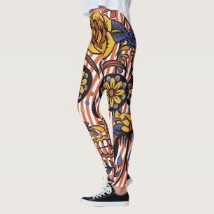 Sugar Skull Orange Purple Floral Stripes Leggings