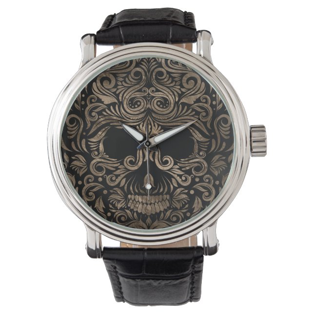 Sugar Skull Ornament Black and Gold Watch (Front)
