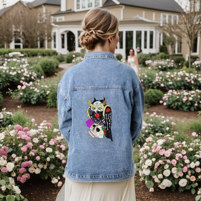 Sugar Skull Owl And Skull Denim Jacket (Wedding Back)