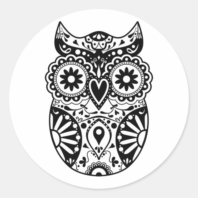 Sugar Skull Owl Black & White Classic Round Sticker (Front)