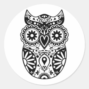 Sugar Skull Owl Black & White Classic Round Sticker