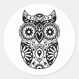 Sugar Skull Owl Black & White Classic Round Sticker