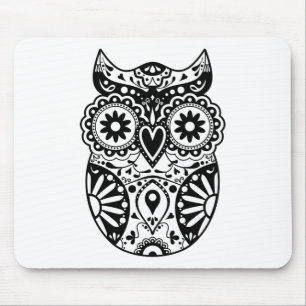 Sugar Skull Owl Black & White Mouse Pad
