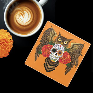 Sugar Skull Owl Glass Coaster