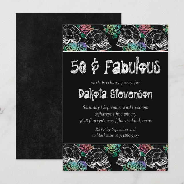 Sugar Skull Pastel Roses | Ombre 50th Birthday Invitation (Front/Back)