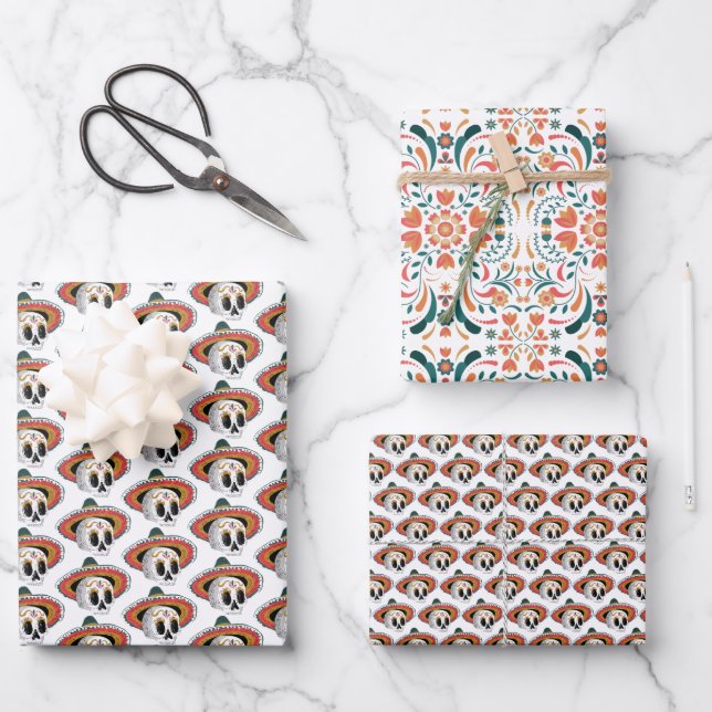 Sugar Skull Pattern Wrapping Paper Sheet (Front)