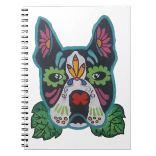 Sugar Skull Pink Green Boston Terrier Folk Art Notebook
