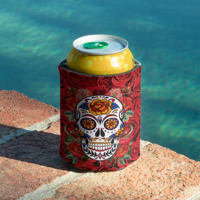 Sugar Skull Pink Red Roses Holidays Can Cooler (In Situ Pool)